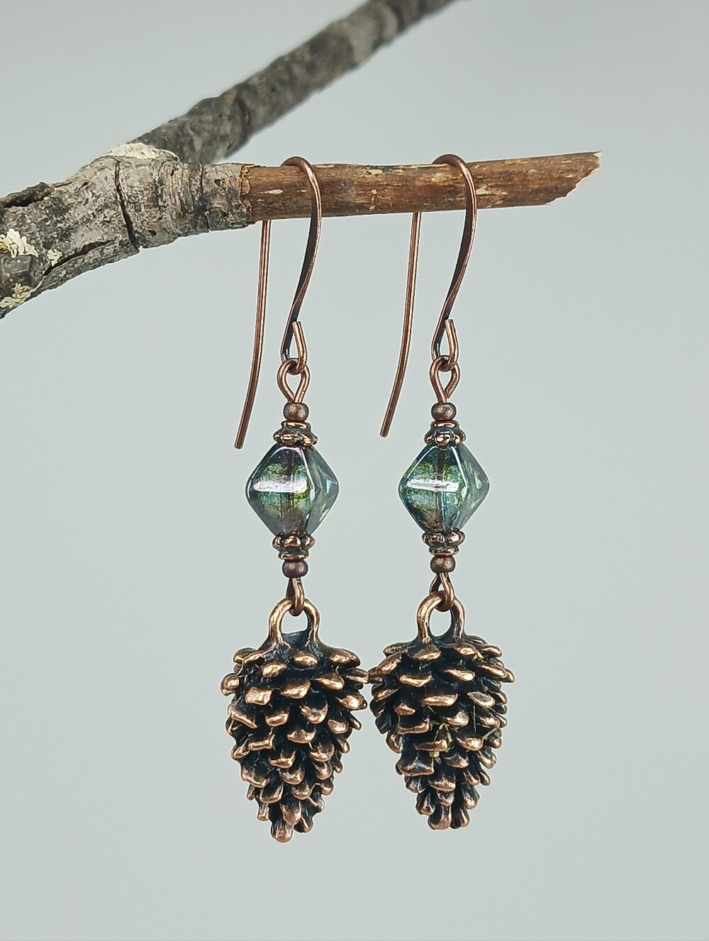Copper Pinecone Earrings Teal Czech Glass Woodland Nature Jewelry Hand Crafted - Picture 3 of 6